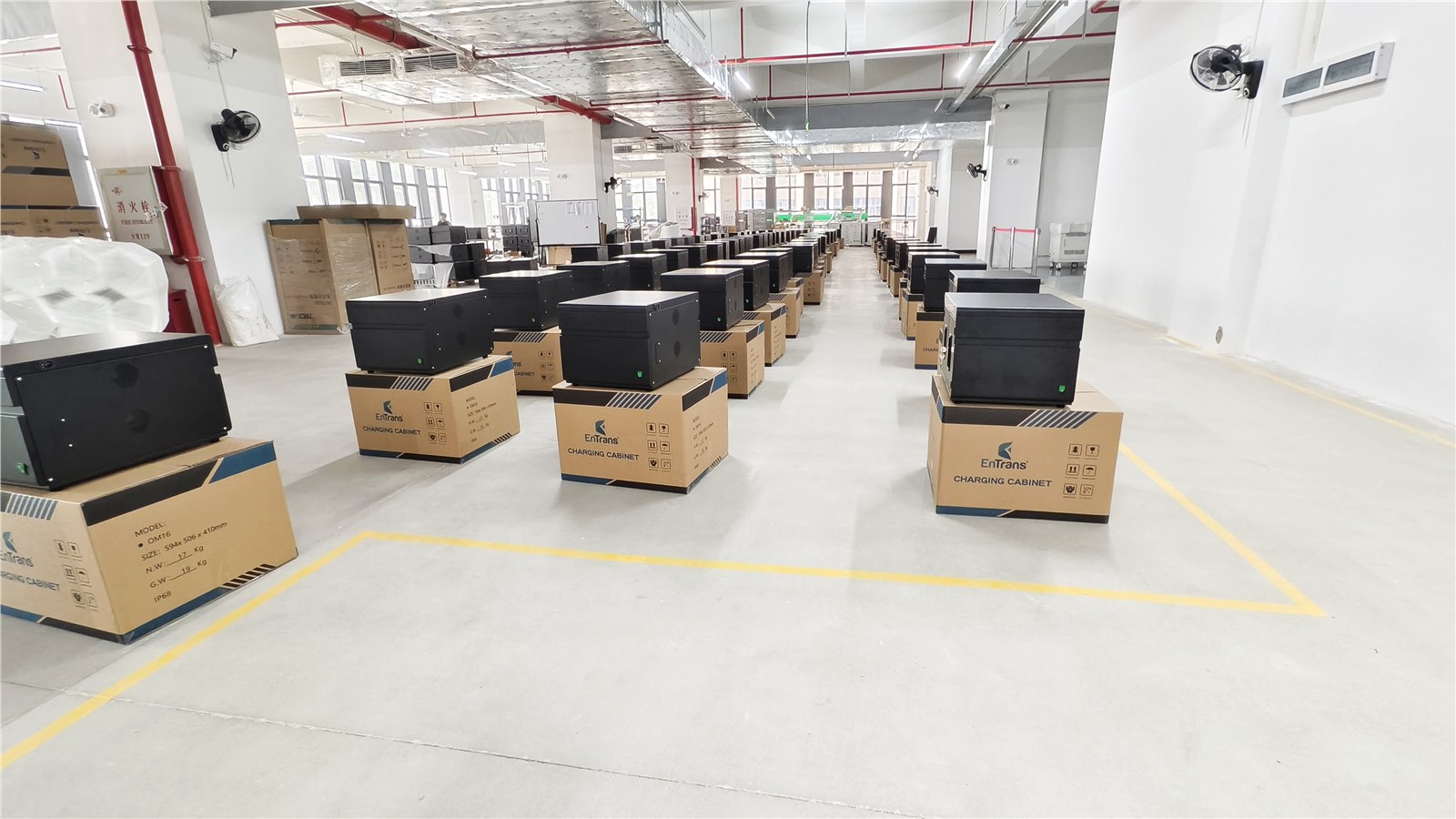 Finished EnTrans charging cabinets arranged for packing
